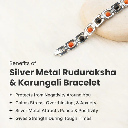 Metal Rudraksha and Karungali Bracelet - Silver