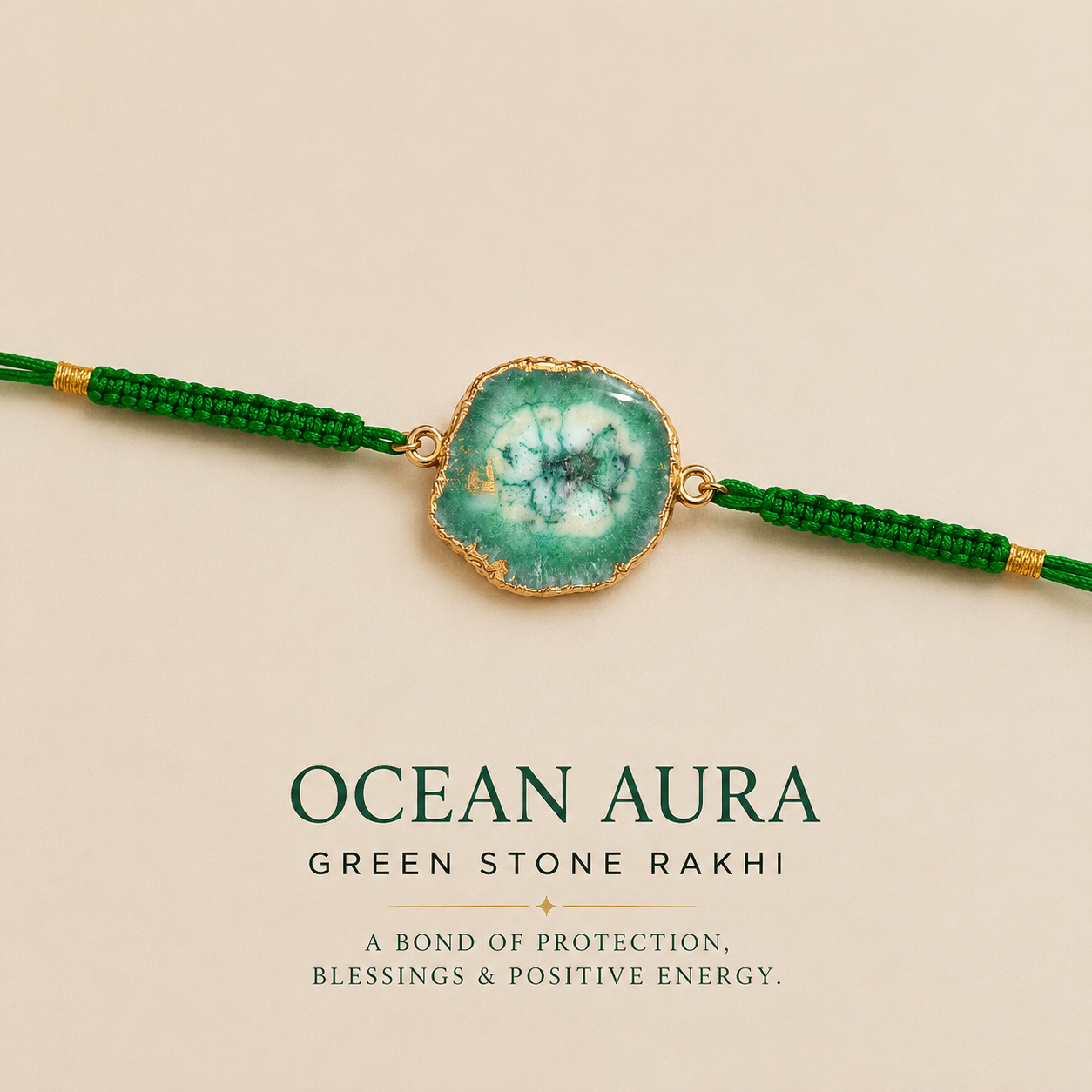 Ocean Aura Green Stone Rakhi – Handmade Natural Geode Rakhi with Premium Thread
