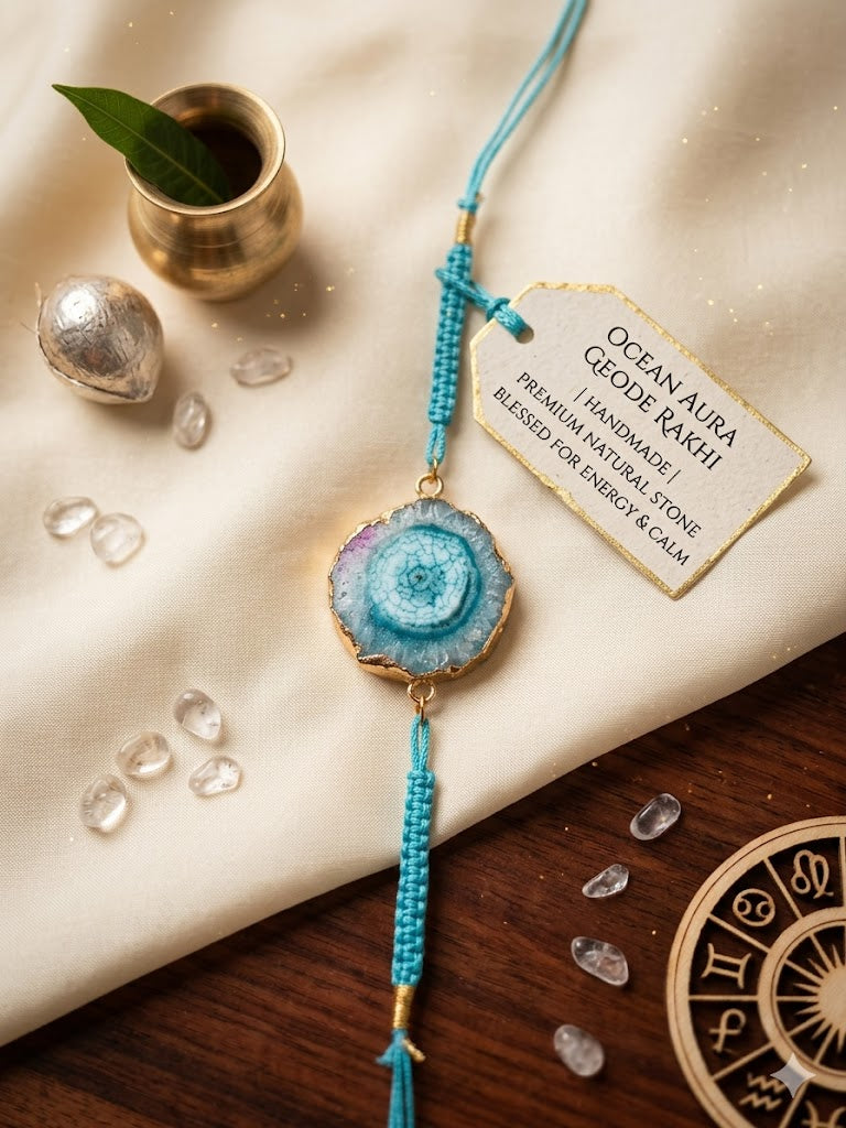 Ocean Aura Geode Rakhi – Handmade Natural Stone Rakhi with Premium Thread