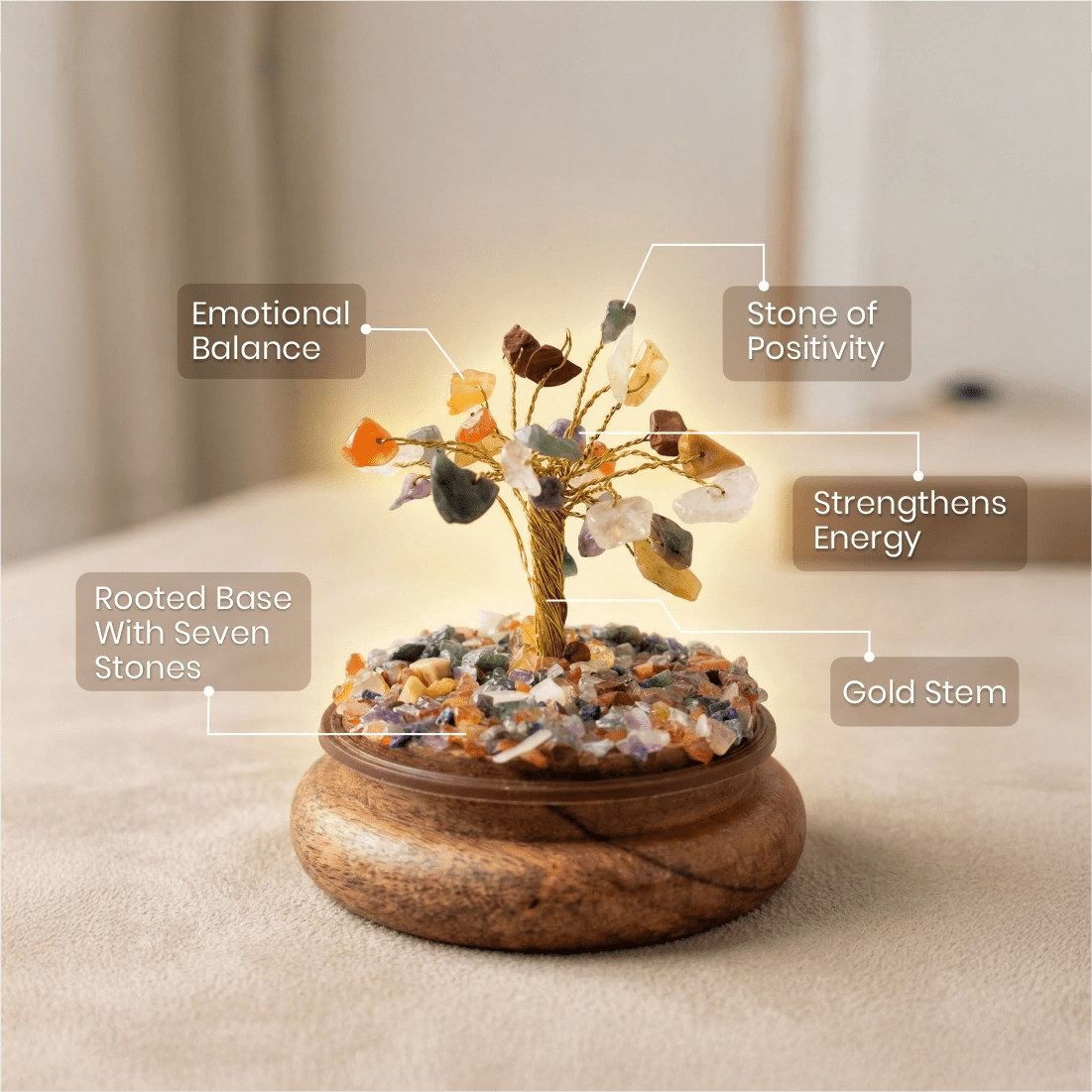 Colorful 7 chakra crystal tree on dome base for home decor and spiritual healing