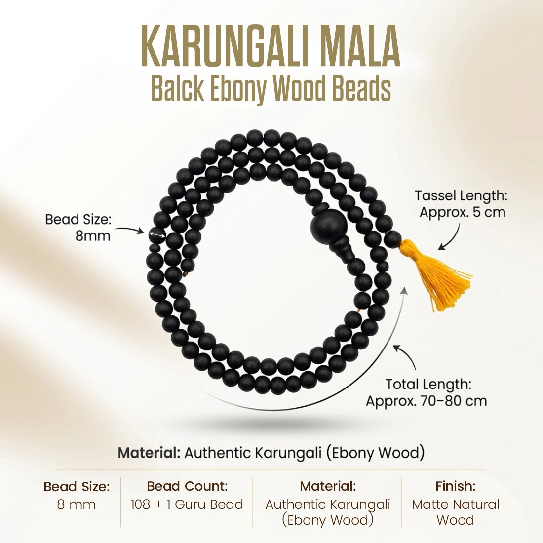 Karungali Malai 8mm – 108+1 Authentic Ebony Wood Beads (Govt. Certified)