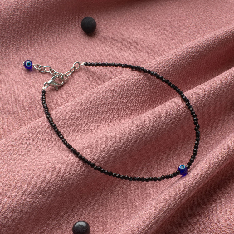 Black Tourmaline Anklet with Evil Eye Charm