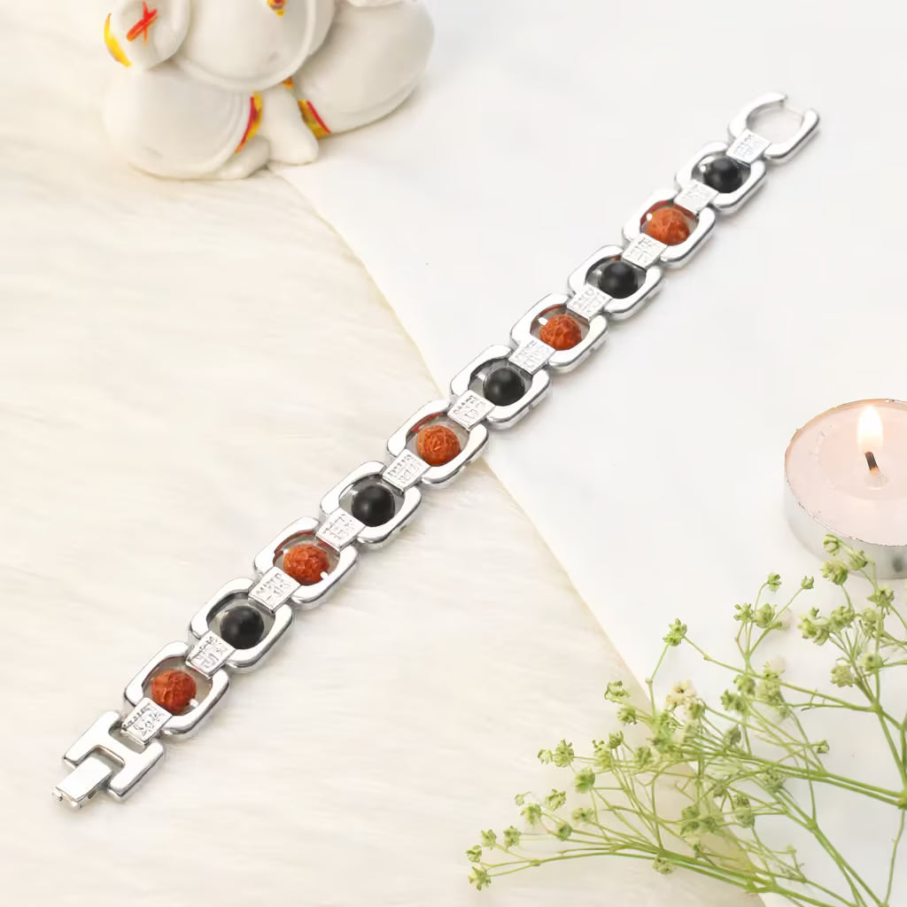 Metal Rudraksha and Karungali Bracelet - Silver