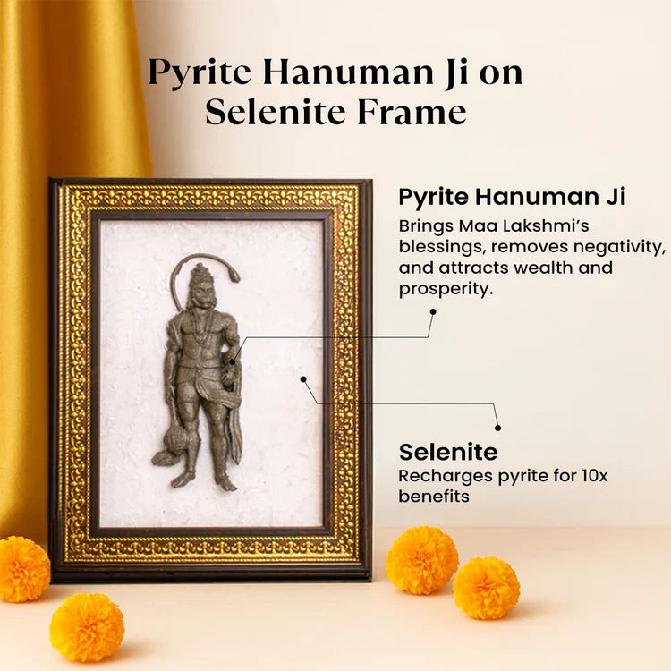 Pyrite Hanuman Ji on Selenite Frame