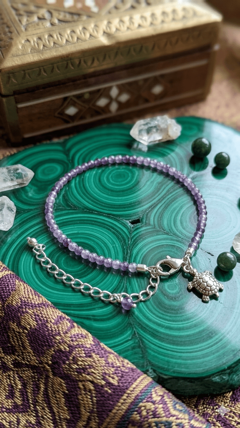 Amethyst Anklet by AstroGuruji Kept On A Green Wooden Display
