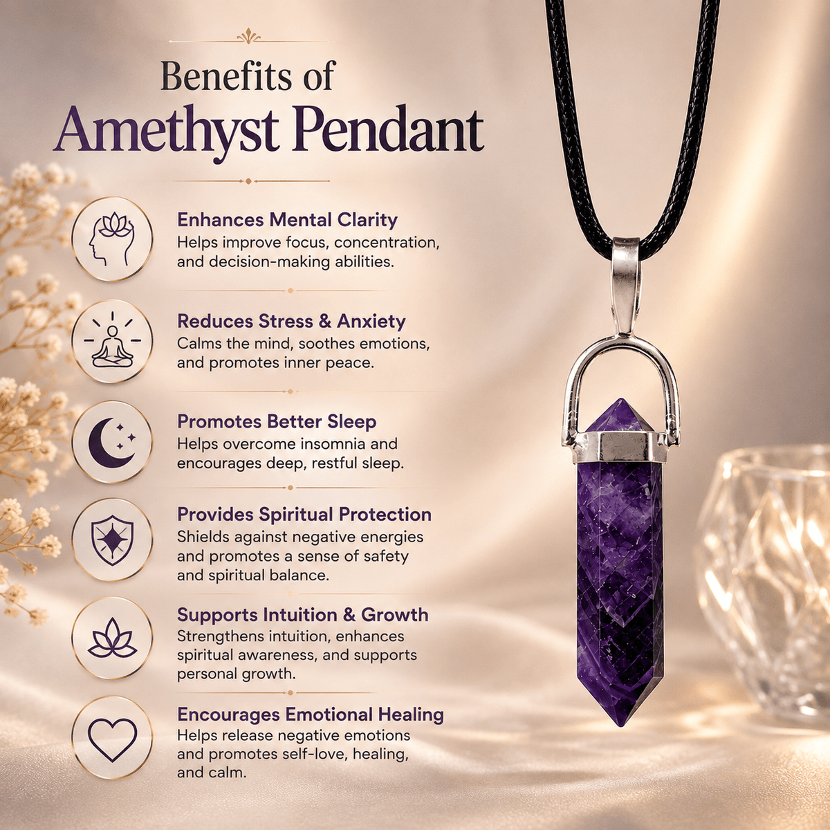 Amethyst Crystal Pencil Pendant Necklace - AstroGuruji