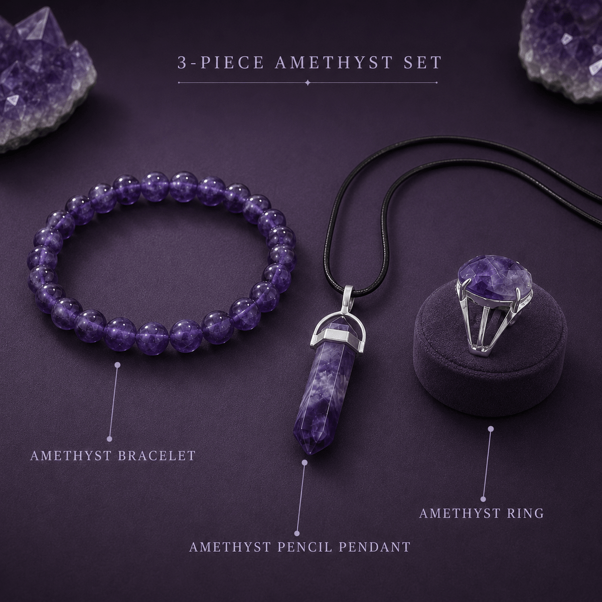 Amethyst Harmony Trio – Bracelet, Pencil Pendant & Adjustable Ring - AstroGuruji