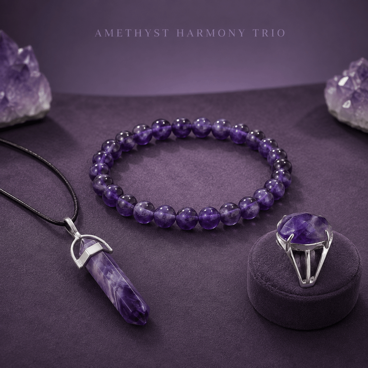 Amethyst Harmony Trio – Bracelet, Pencil Pendant & Adjustable Ring - AstroGuruji