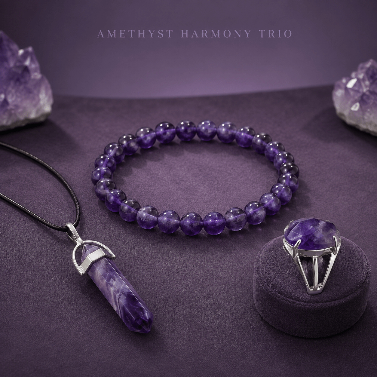 Amethyst Harmony Trio – Bracelet, Pencil Pendant & Adjustable Ring - AstroGuruji