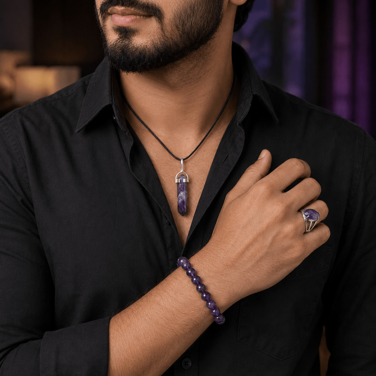 Amethyst Harmony Trio – Bracelet, Pencil Pendant & Adjustable Ring - AstroGuruji