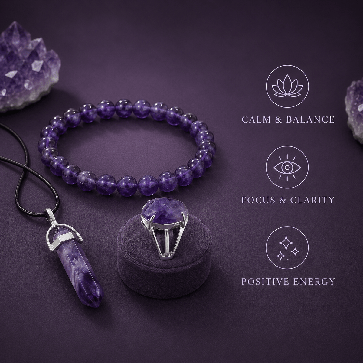 Amethyst Harmony Trio – Bracelet, Pencil Pendant & Adjustable Ring - AstroGuruji