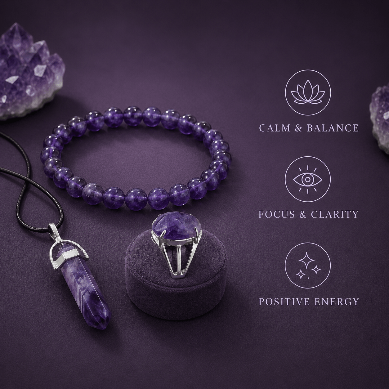 Amethyst Harmony Trio – Bracelet, Pencil Pendant & Adjustable Ring - AstroGuruji