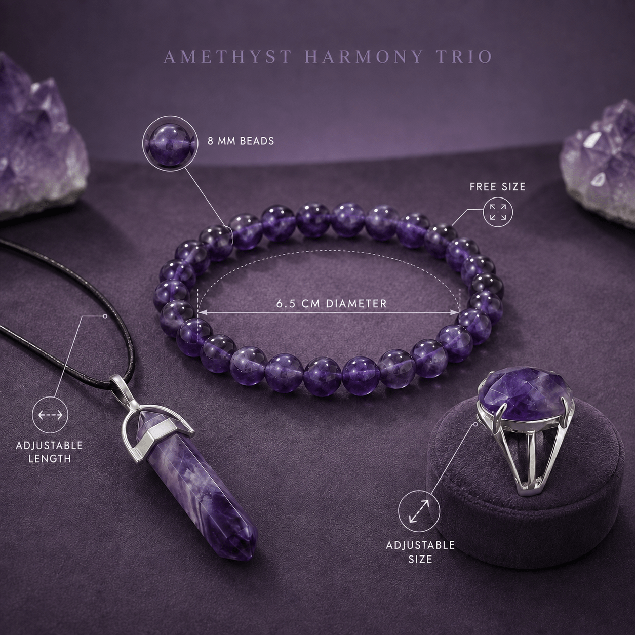 Amethyst Harmony Trio – Bracelet, Pencil Pendant & Adjustable Ring - AstroGuruji