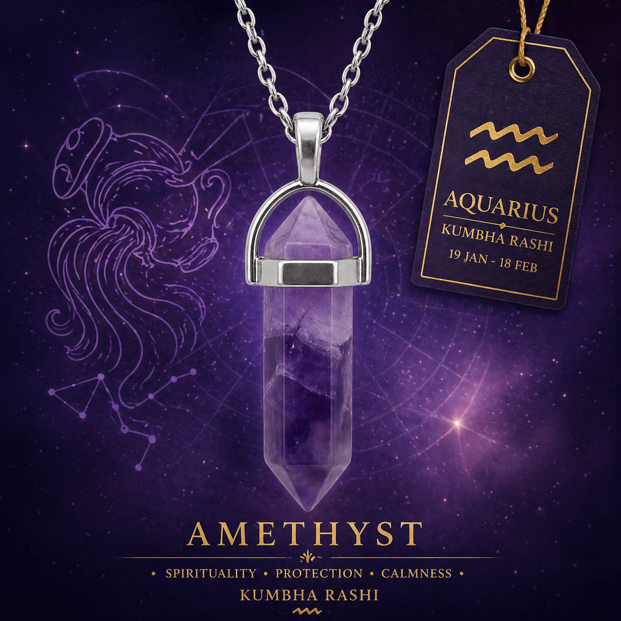 Amethyst Pencil Pendant (Kumbha Rashi) Aquarius - AstroGuruji