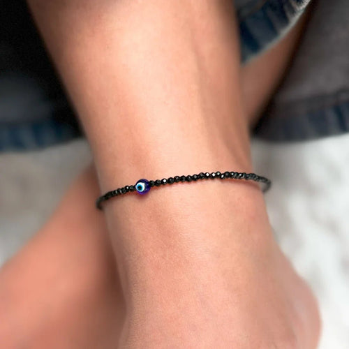 Black Tourmaline Anklet with Evil Eye Charm - Astroguruji