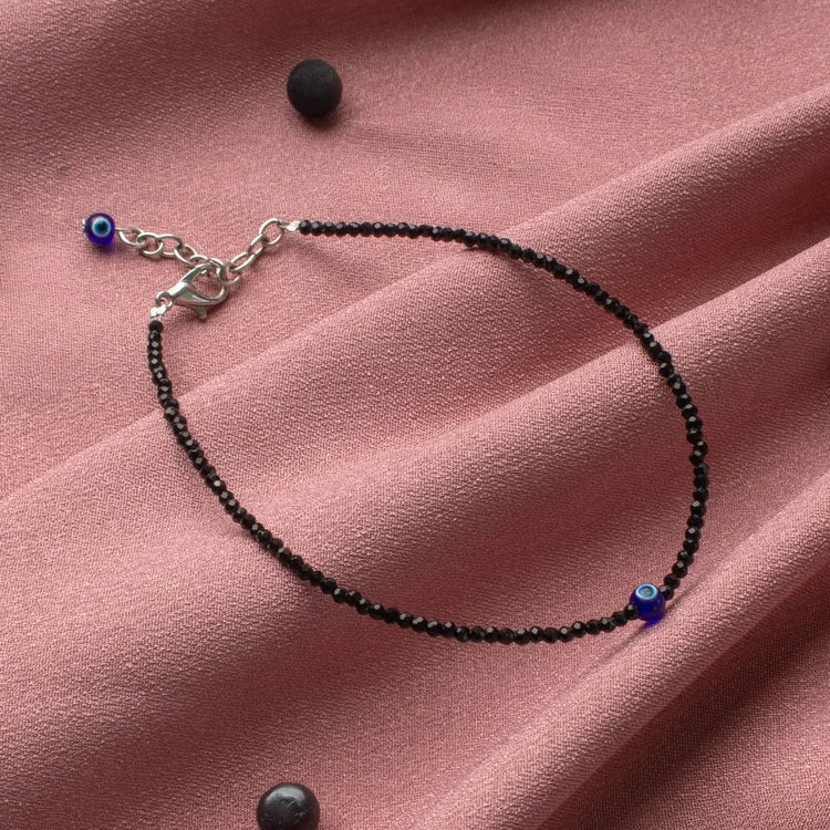 Black Tourmaline Anklet with Evil Eye Charm - Astroguruji