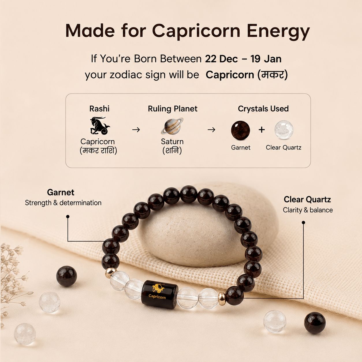 Capricorn (मकर राशि) Zodiac Garnet & Milky Quartz Bracelet - AstroGuruji