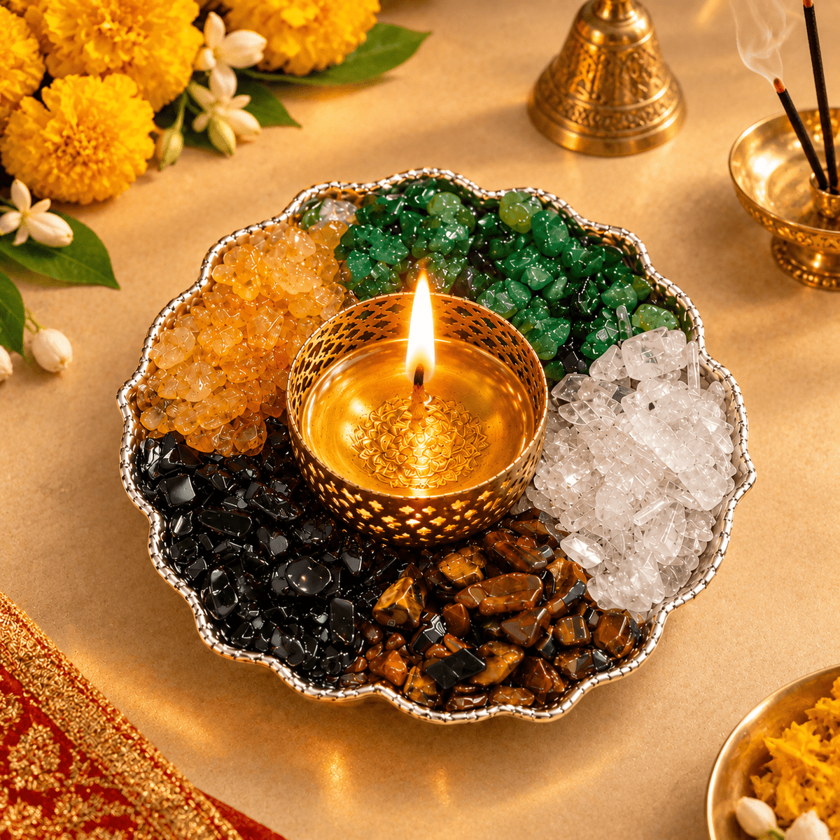 Dhanyog Divo – 5 Natural Crystal Stone Diya Holder for Pooja, Home Decor & Gifting - AstroGuruji