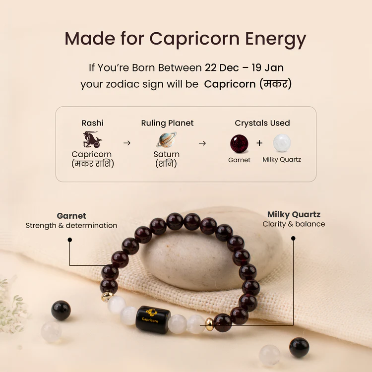 Capricorn (मकर राशि) Zodiac Garnet & Milky Quartz Bracelet