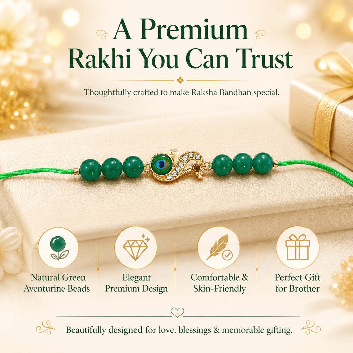 Green Aventurine Peacock Rakhi with Crystal Stones - AstroGuruji