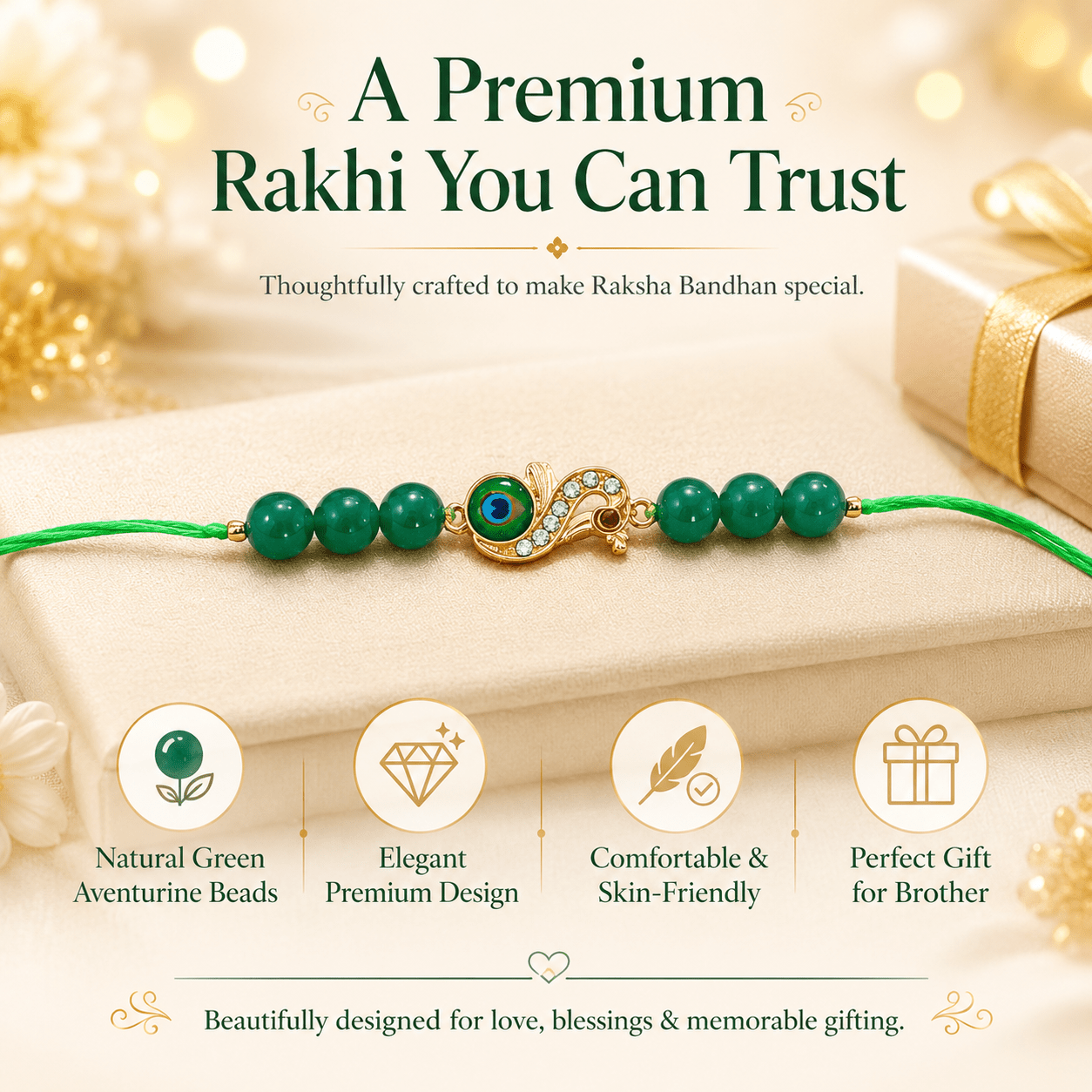 Green Aventurine Peacock Rakhi with Crystal Stones - AstroGuruji
