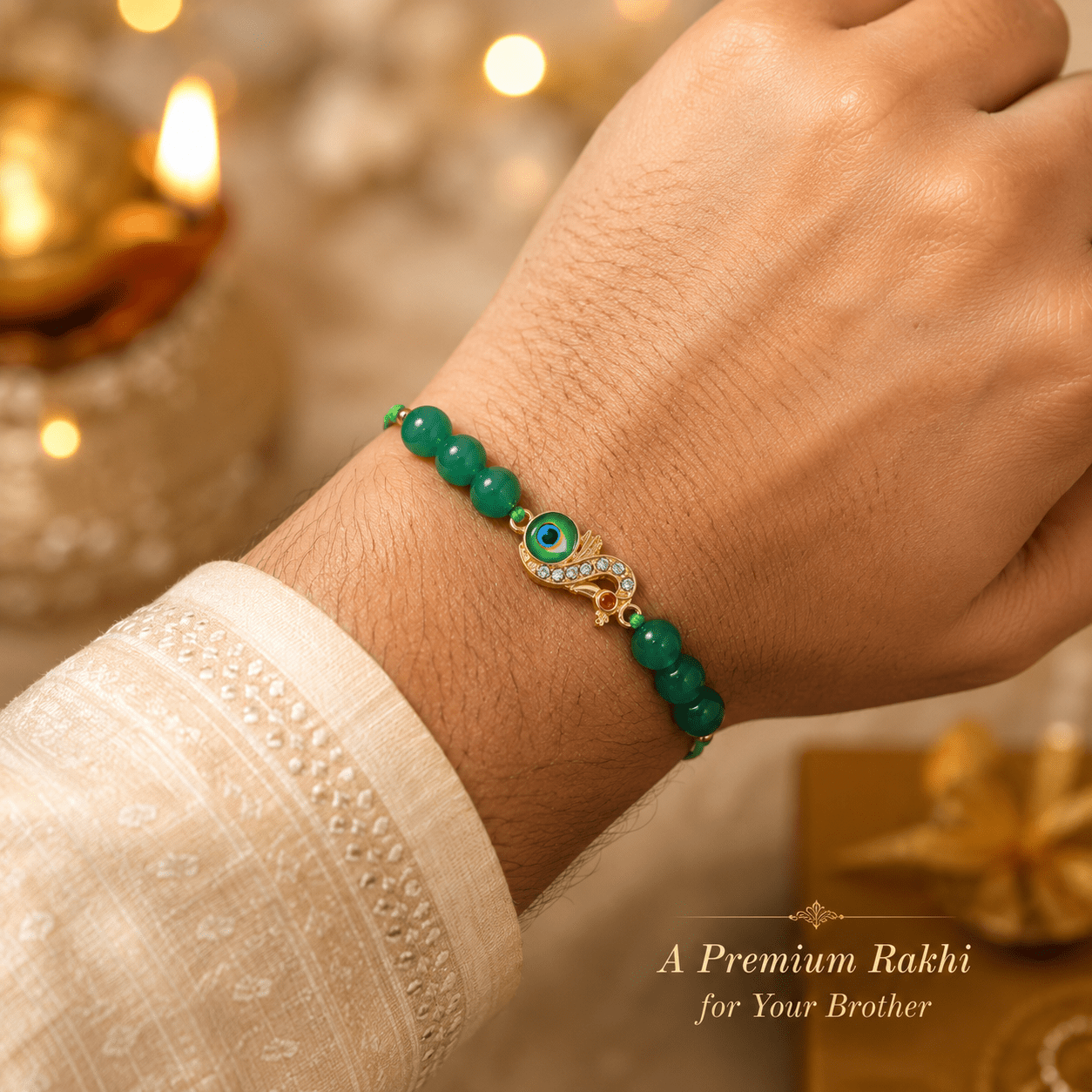 Green Aventurine Peacock Rakhi with Crystal Stones - AstroGuruji