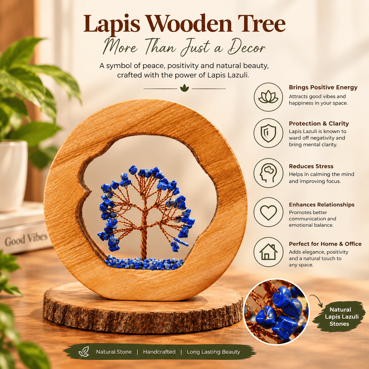 Lapis Lazuli Wooden Tree of Life Decor – Handmade Gemstone Tree Showpiece - AstroGuruji