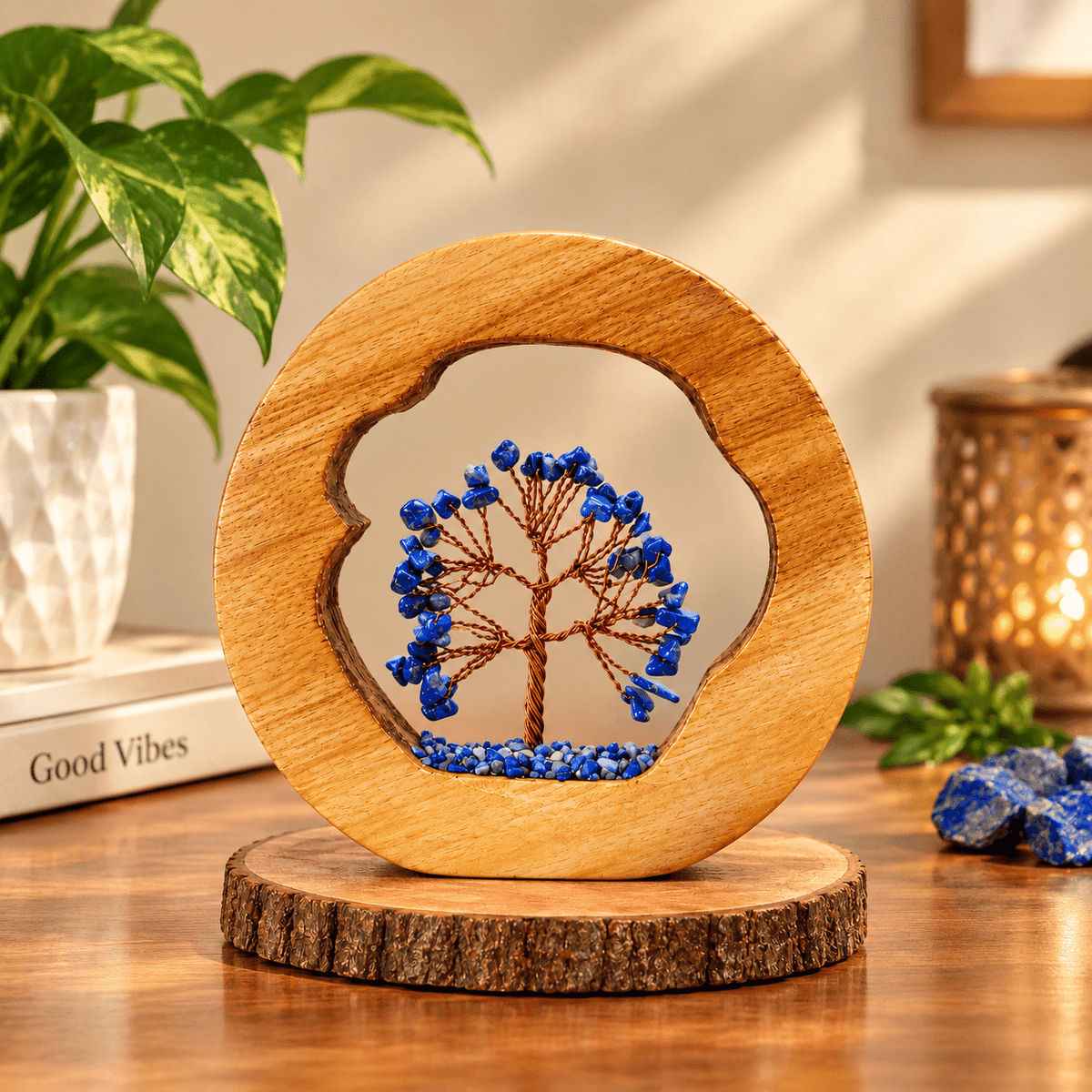 Lapis Lazuli Wooden Tree of Life Decor – Handmade Gemstone Tree Showpiece - AstroGuruji