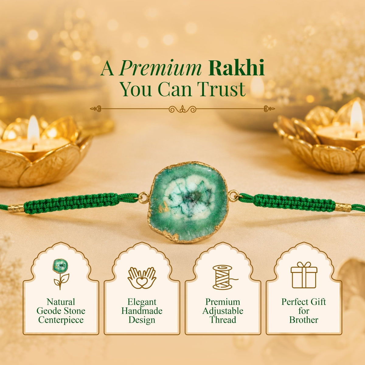 Ocean Aura Green Stone Rakhi – Handmade Natural Geode Rakhi with Premium Thread - AstroGuruji