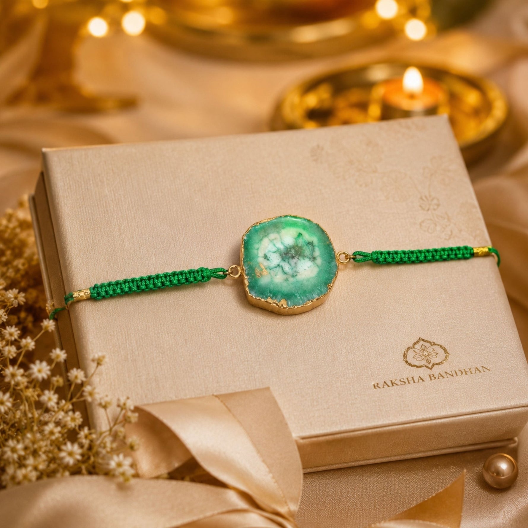Ocean Aura Green Stone Rakhi – Handmade Natural Geode Rakhi with Premium Thread - AstroGuruji
