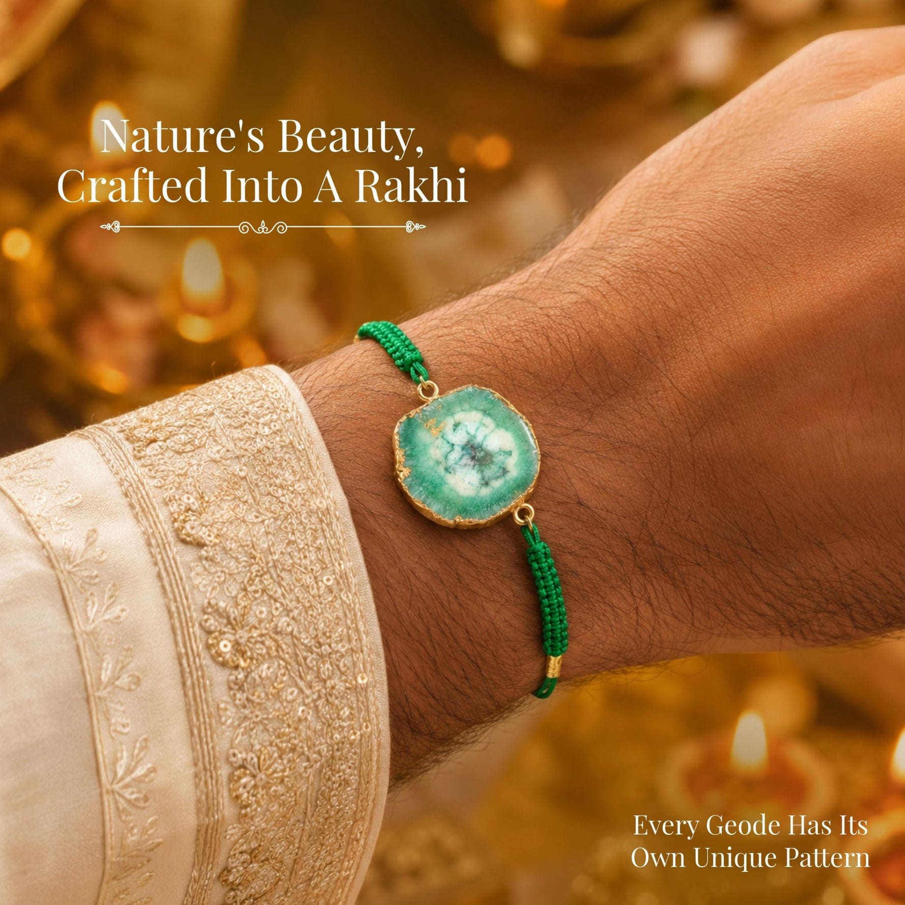 Ocean Aura Green Stone Rakhi – Handmade Natural Geode Rakhi with Premium Thread - AstroGuruji
