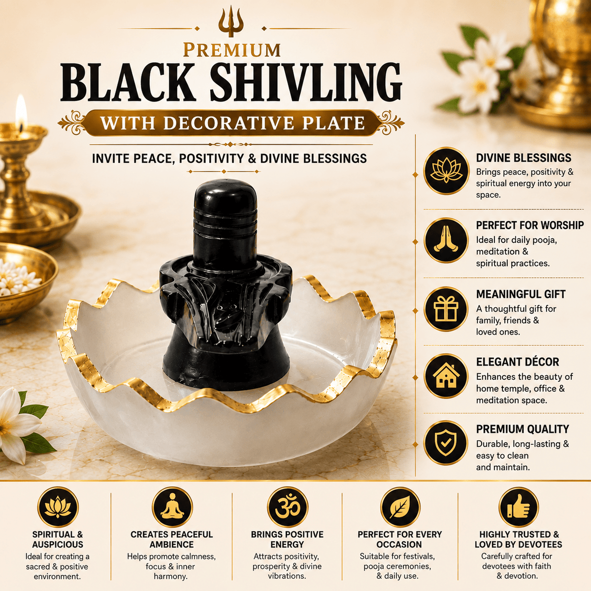 Premium Black Shivling with Decorative Marble Finish Plate | Lord Shiva Idol for Home Temple, Pooja & Spiritual Decor - AstroGuruji