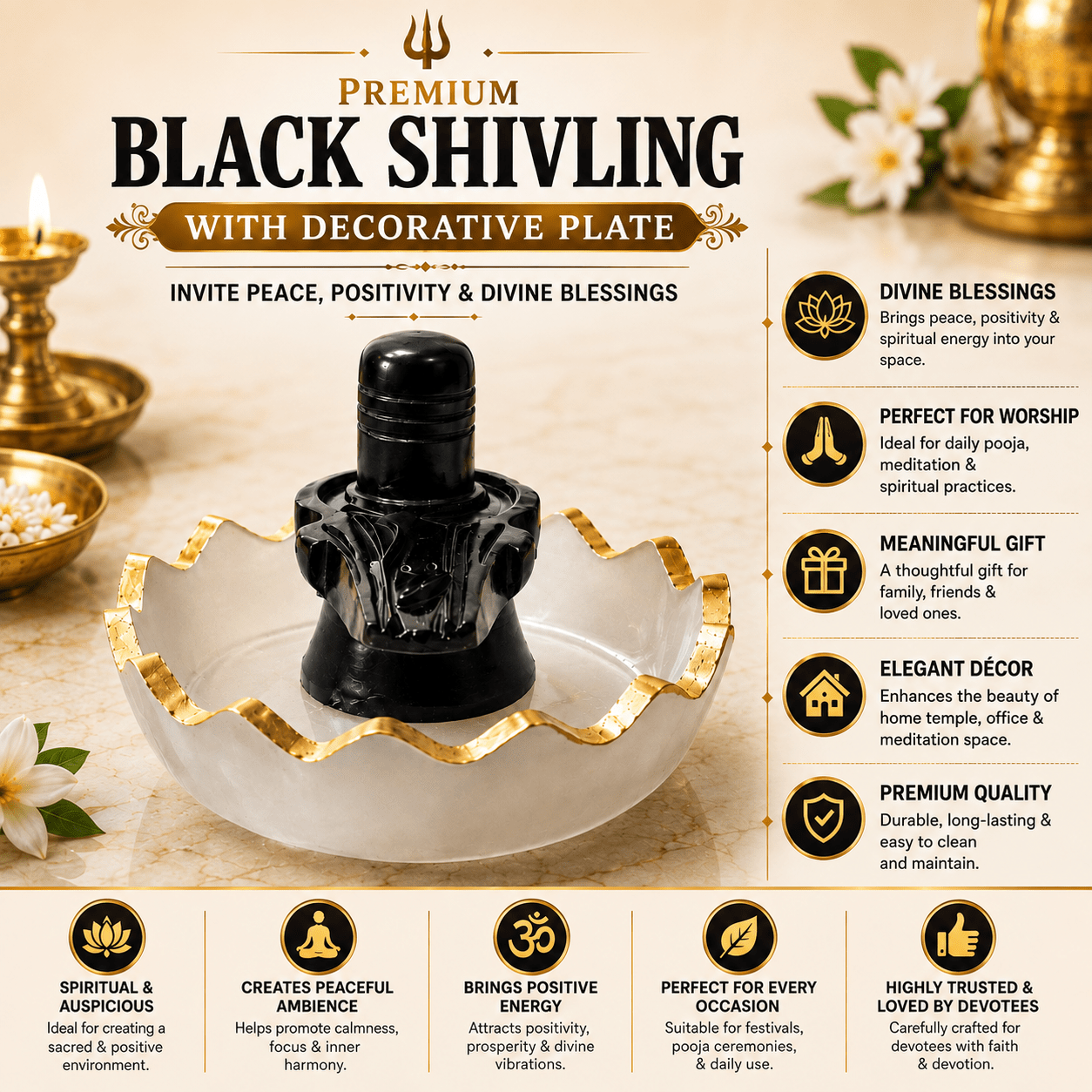 Premium Black Shivling with Decorative Marble Finish Plate | Lord Shiva Idol for Home Temple, Pooja & Spiritual Decor - AstroGuruji