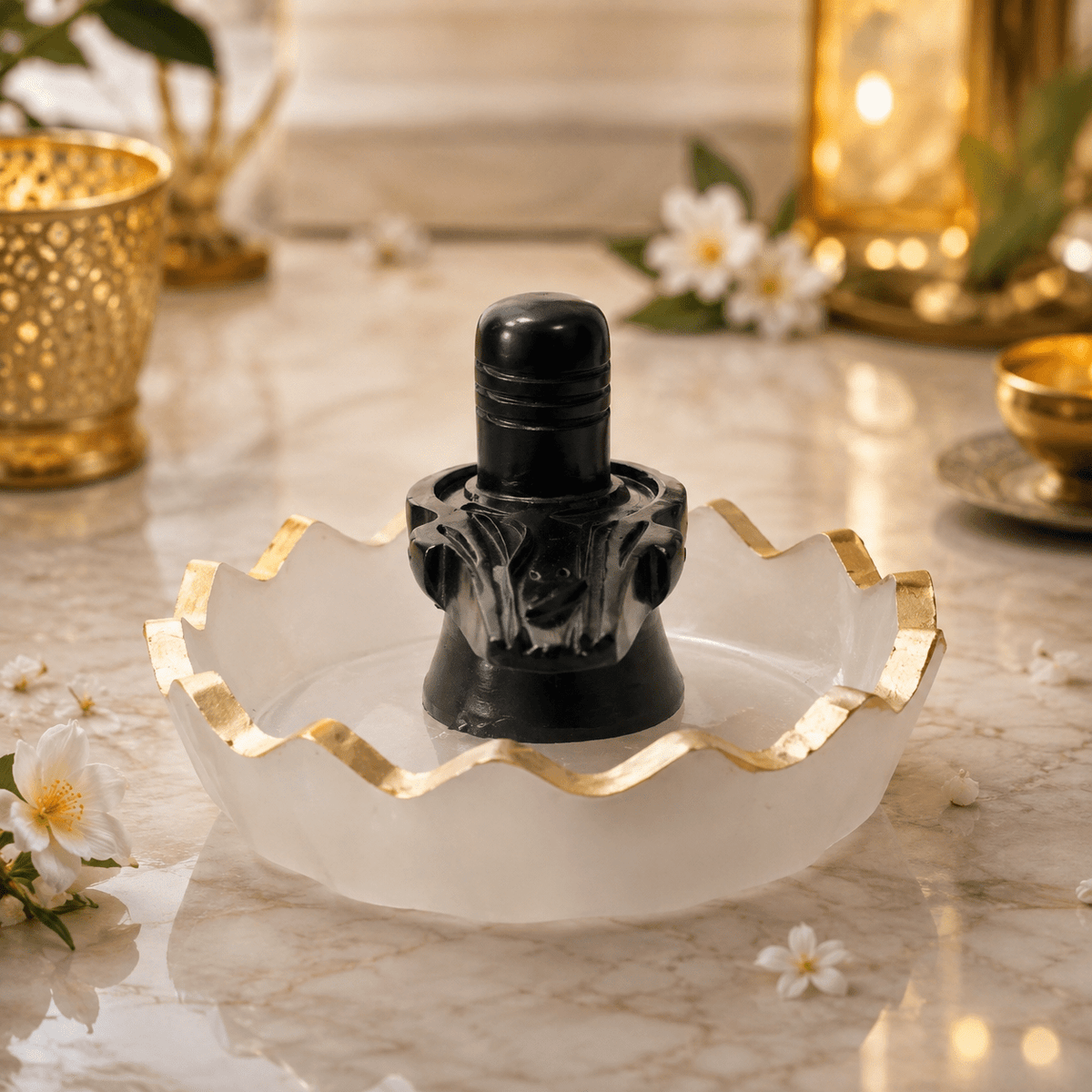 Premium Black Shivling with Decorative Marble Finish Plate | Lord Shiva Idol for Home Temple, Pooja & Spiritual Decor - AstroGuruji