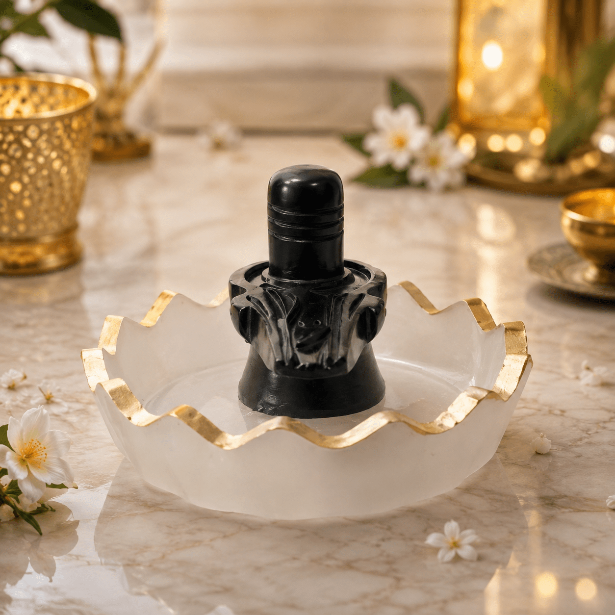 Premium Black Shivling with Decorative Marble Finish Plate | Lord Shiva Idol for Home Temple, Pooja & Spiritual Decor - AstroGuruji