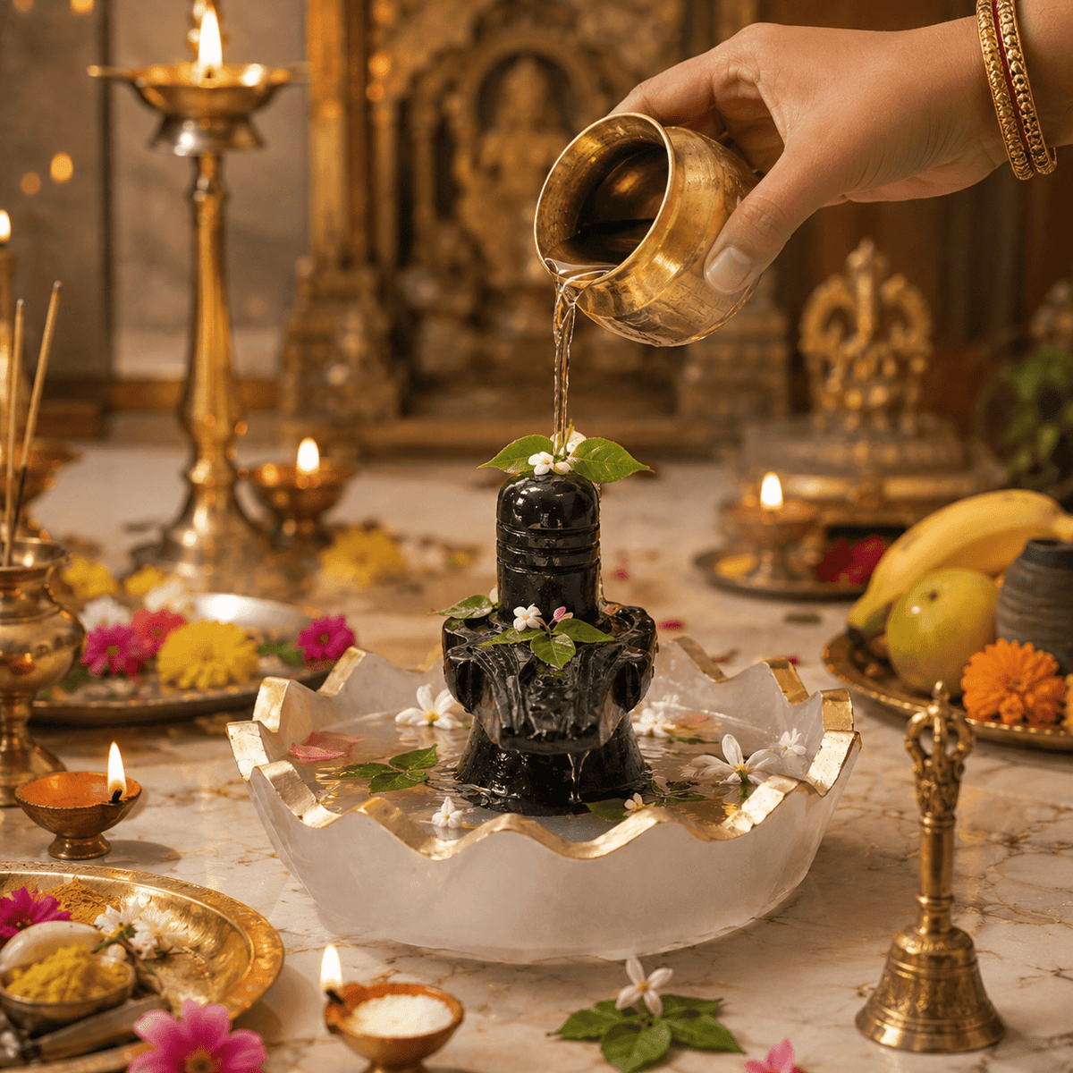 Premium Black Shivling with Decorative Marble Finish Plate | Lord Shiva Idol for Home Temple, Pooja & Spiritual Decor - AstroGuruji