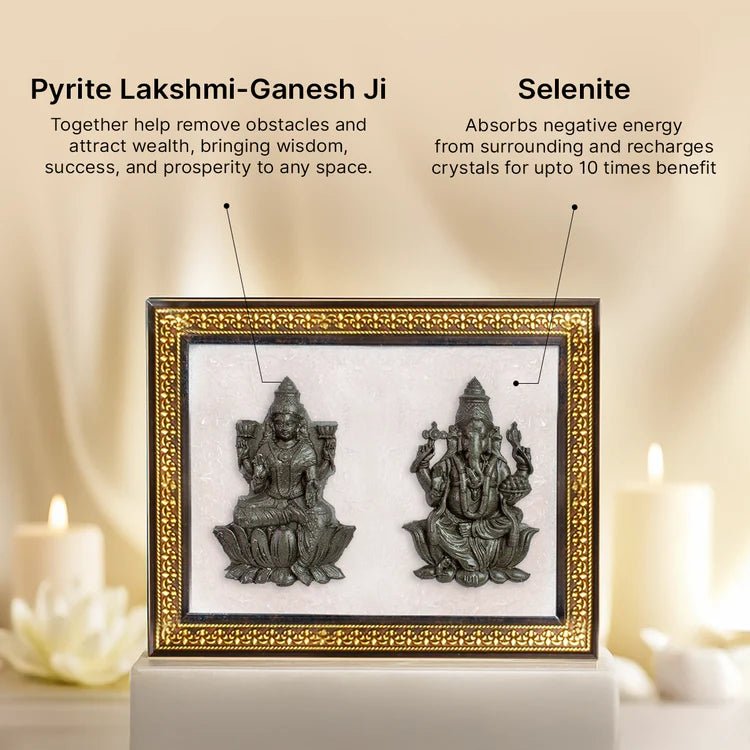 Pyrite Lakshmi - Ganesh Ji on Selenite Frame - Astroguruji