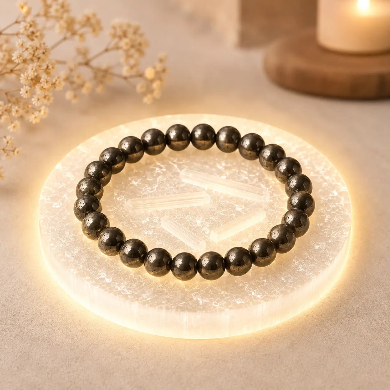 Raw Pyrite Bracelet for Money with FREE Raw Selenite Plate - AstroGuruji