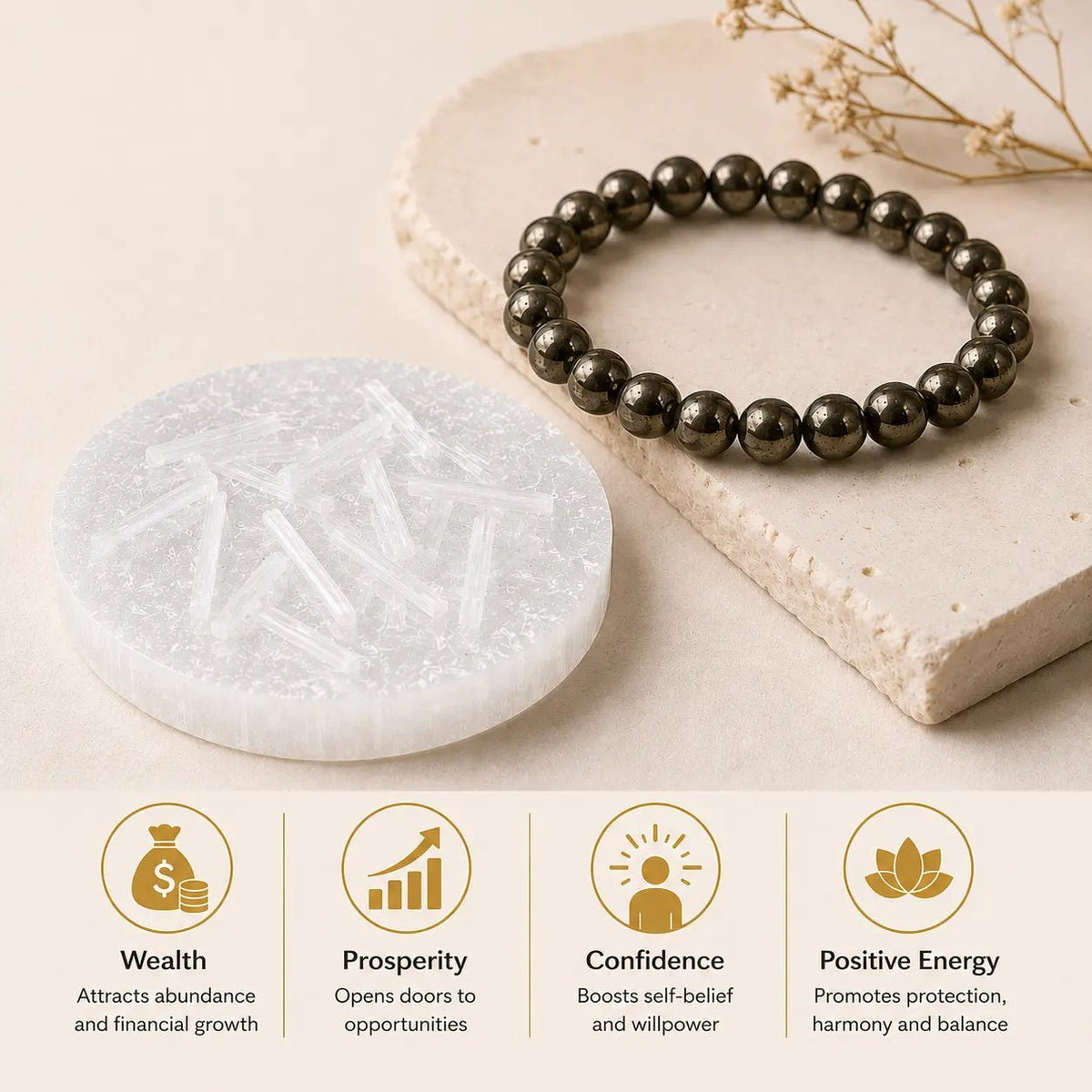 Raw Pyrite Bracelet for Money with FREE Raw Selenite Plate - AstroGuruji