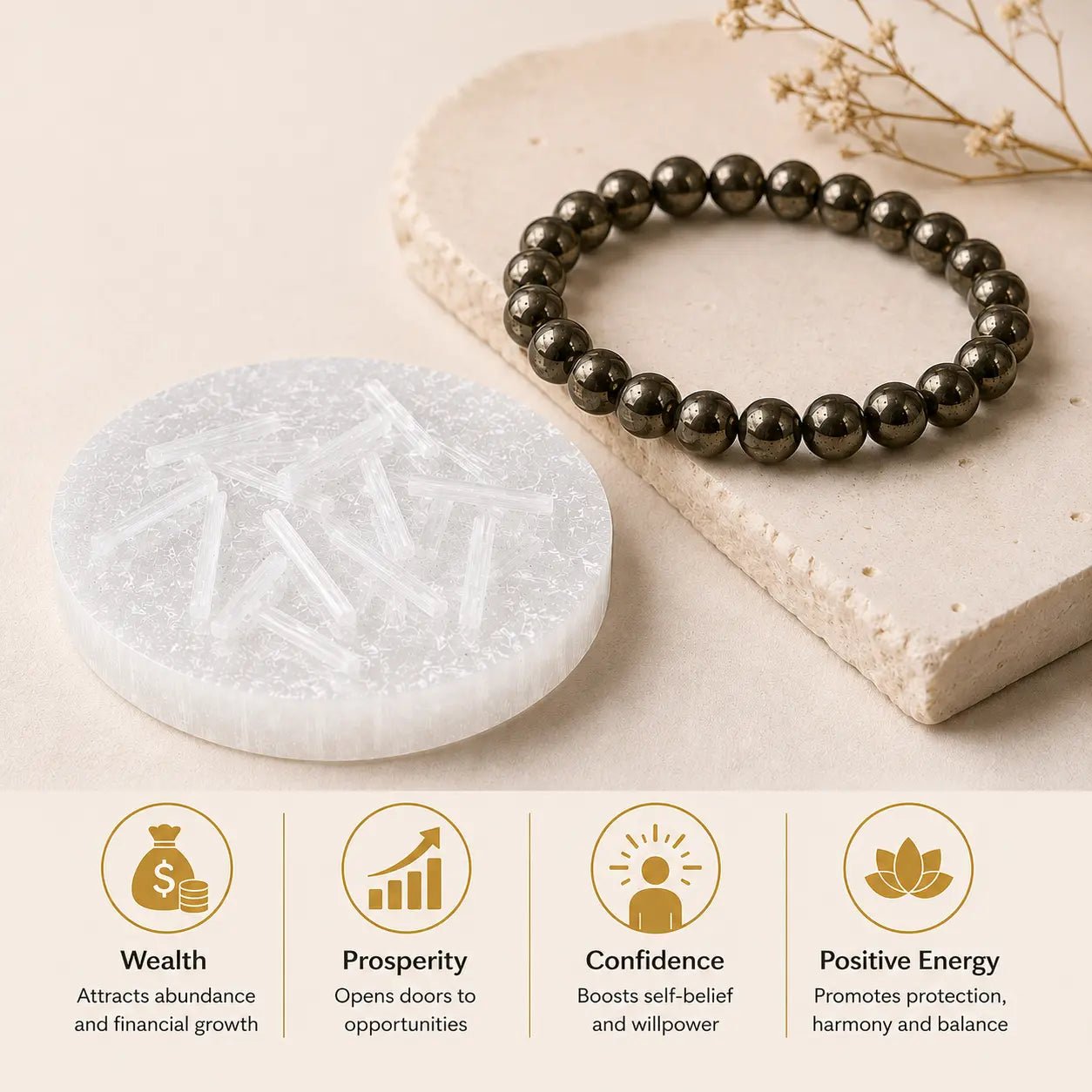 Raw Pyrite Bracelet for Money with FREE Raw Selenite Plate - AstroGuruji