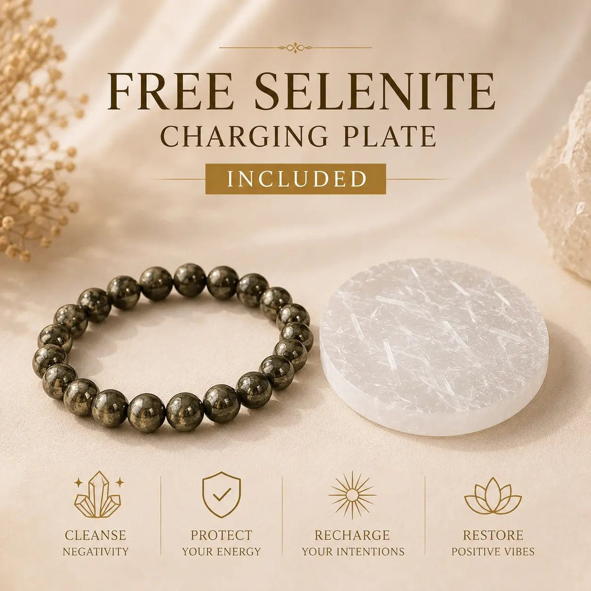 Raw Pyrite Bracelet for Money with FREE Raw Selenite Plate - AstroGuruji