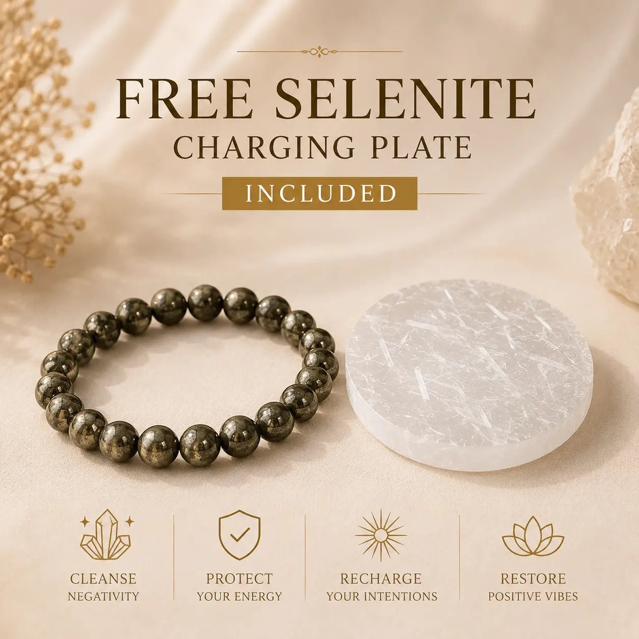 Raw Pyrite Bracelet for Money with FREE Raw Selenite Plate - AstroGuruji