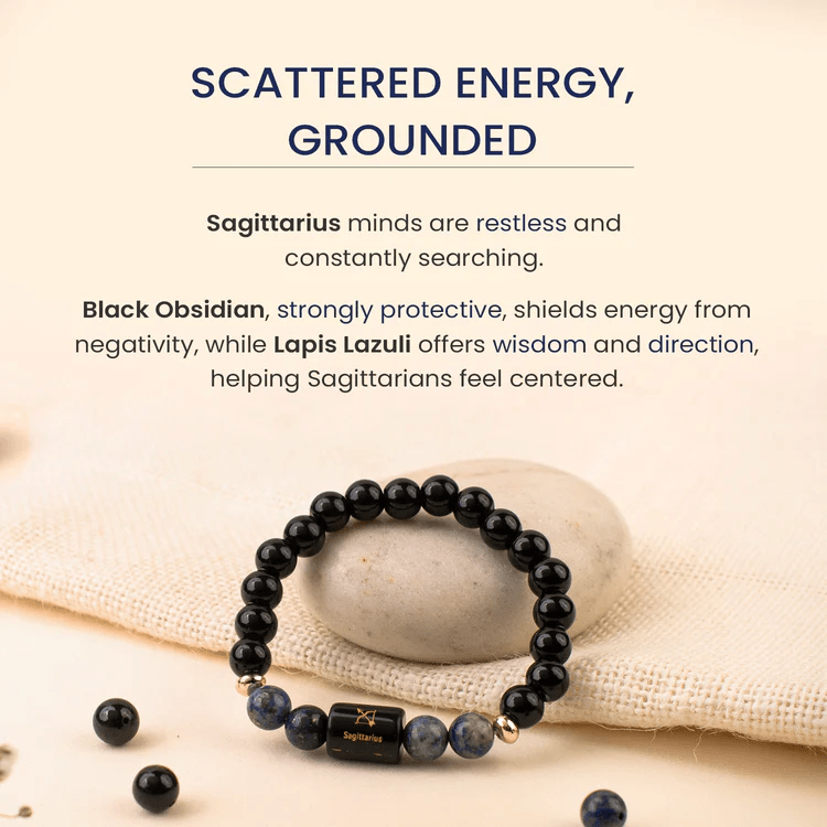 Sagittarius (धनु राशि) Zodiac Black Obsidian & Lapis Lazuli Bracelet - AstroGuruji