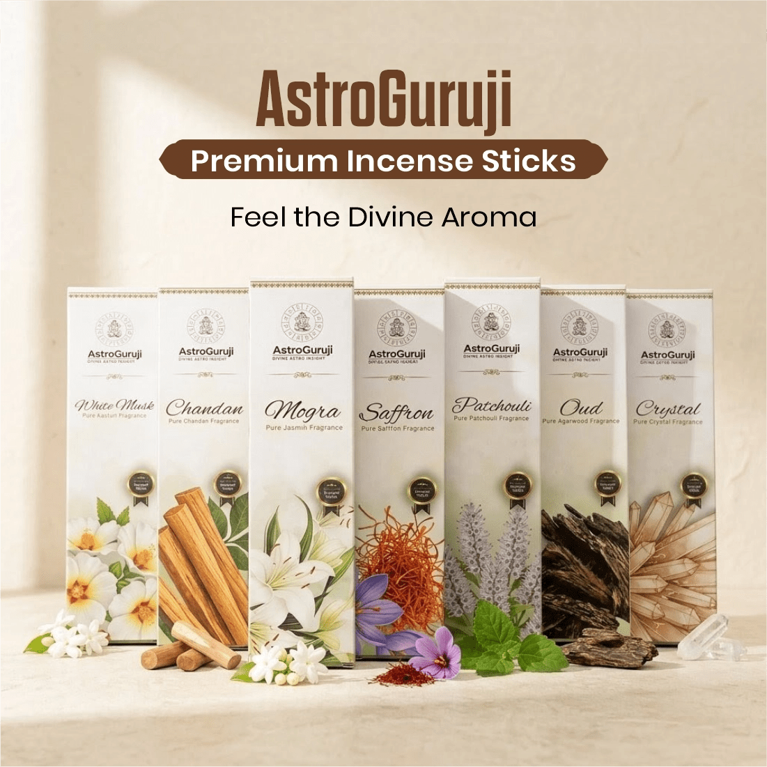 Sacred 7 Fragrance Incense Sticks Combo by AstroGuruji - Chandan Mogra Oud Saffron for Spiritual Puja