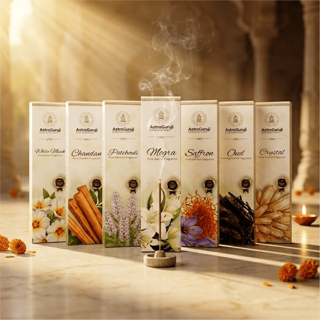 AstroGuruji Ultimate 7 Sacred Fragrance Incense Sticks Combo - White Musk Chandan Patchouli Mogra Saffron Oud Crystal